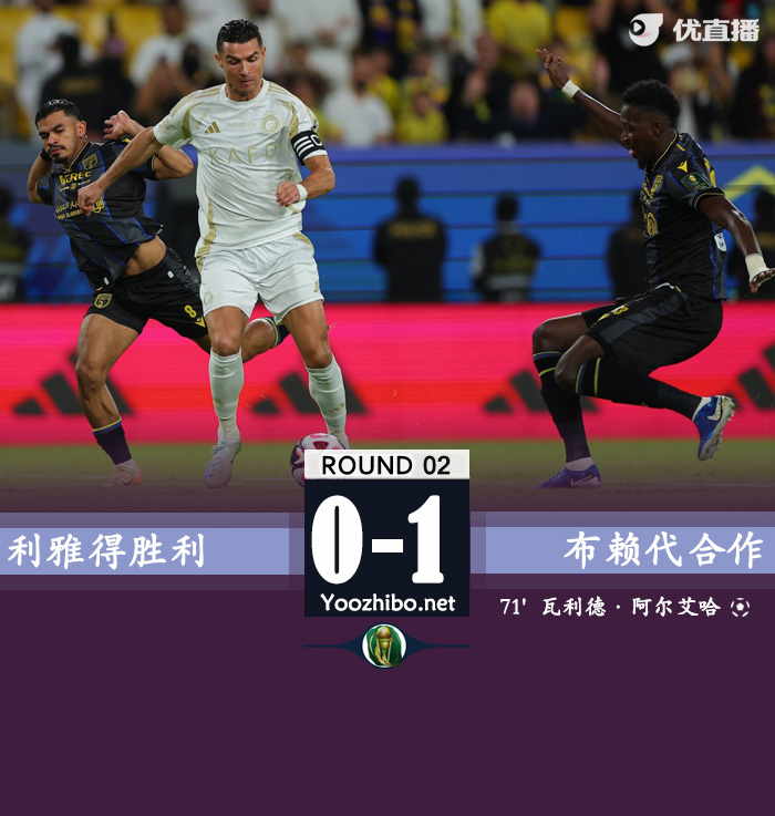 利雅得胜利0-1布赖代合作遭淘汰 C罗补时失点皮奥利首败