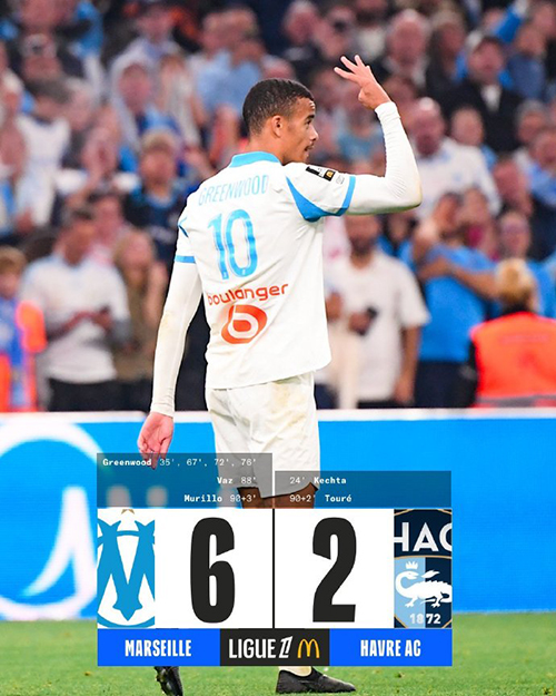 格林伍德大四喜!马赛6-2血洗勒阿弗尔登顶法甲榜首