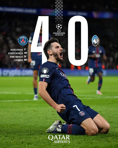 欧冠:巴黎4-0亚特兰大 马尔基尼奥斯闪击 K77破门 巴尔科拉失点