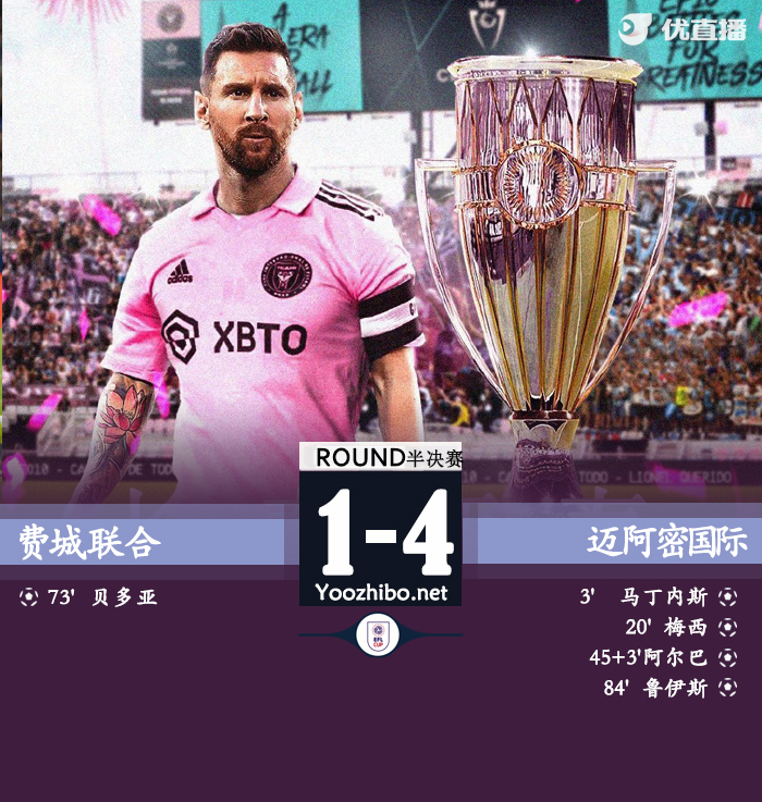 迈阿密国际4-1费城联 梅西超远贴地斩&6场9球率队进决赛