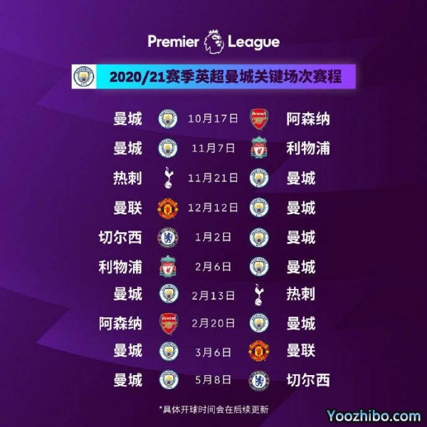 20/21赛季曼城赛程表出炉：揭幕战主场迎战阿斯顿维拉