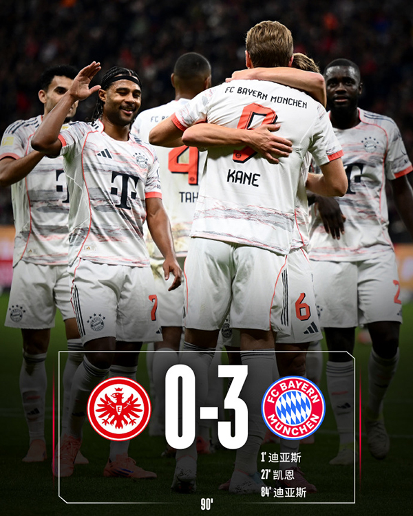 德甲：拜仁3-0法兰克福 路易斯-迪亚斯两射一传 凯恩破门
