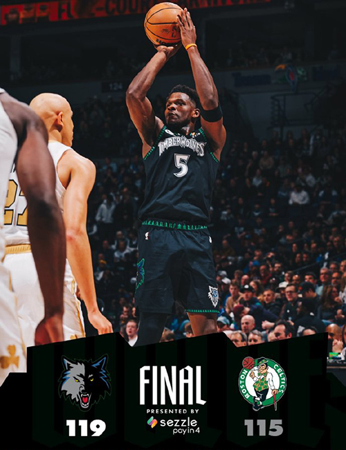 森林狼119-115险胜凯尔特人，爱德华兹39分，布朗空砍41+6