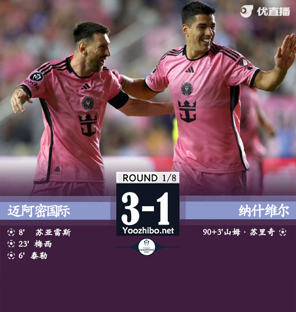 迈阿密国际3-1纳什维尔 梅西&苏牙传射建功