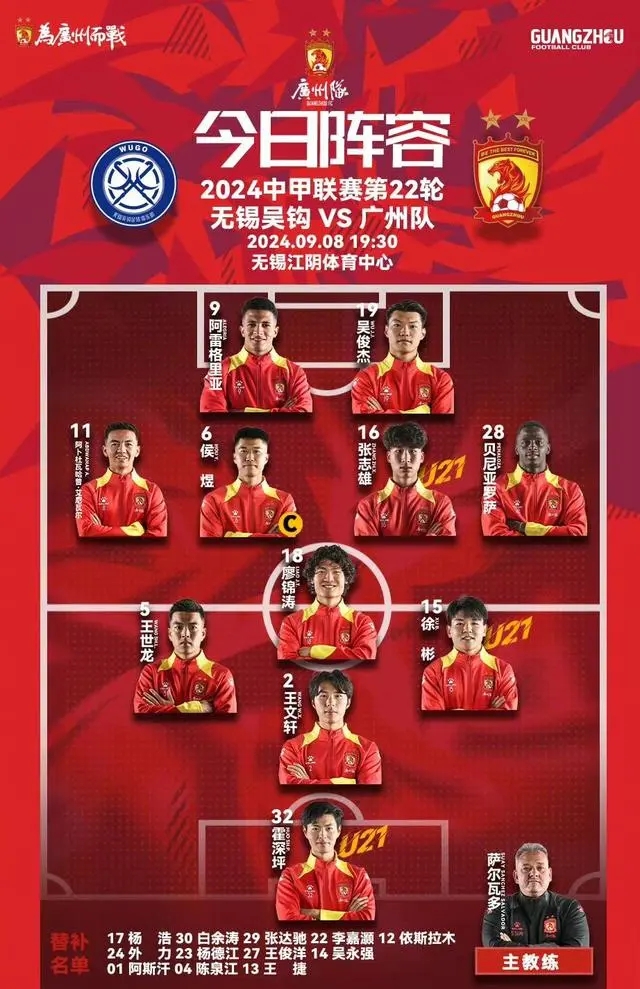 中甲风云：广州队4 -1大胜无锡吴钩，白余涛贝尼亚罗萨双星闪耀