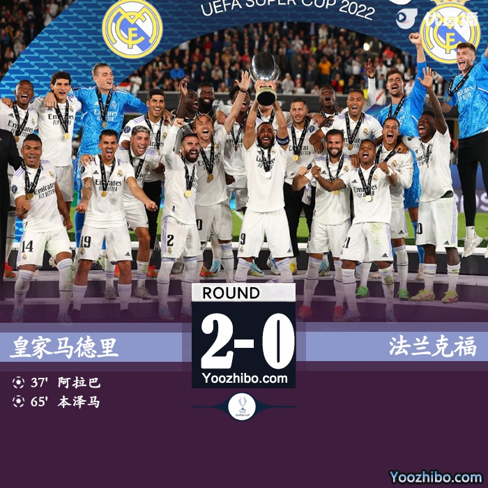 皇马2-0法兰克福5次夺冠升第一 泽马破门阿拉巴建功